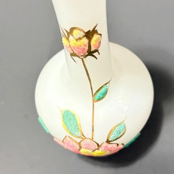 Vtg Satin Frosted Glass 8" Bud Vase Sugar Bead Floral Hand Painted Gold Trim - Picture 15 of 16
